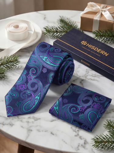 Image of HISDERN Extra Long Ties for Men Classic Floral Tie and Pocket Square Elegant Silk Necktie Handkerchief Set Wedding Party
