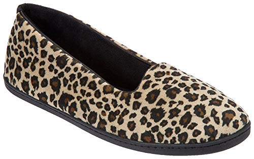 Dearfoams Damen Mikro-Velours Stickerei Geschlossene Rückseite Hausschuhe, Schwarz (leopard), Small Cover