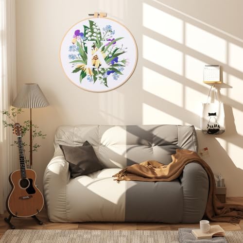 Image of IUHUI Embroidery Kit for Beginners Adults - 26 Floral Letters Easy Patterns, DIY Hand Stitching Embroidery Set with Hoop (Flower and Grass Letter K)