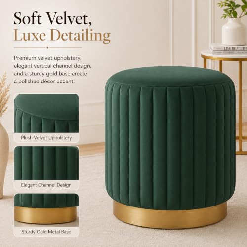 Image of ShadowKart Designer Velvet Round Footstool Ottoman with Sturdy Gold Metal Band Base for Home Decor & Extra Seating, Lightweight Pouf Stool for Sofa Side & Bedroom, 16x16x17 Inch (Green)