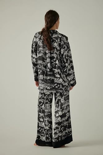 Image of Women Floral Satin Pajamas Long Sleeve Button Shirt Silk Wide Leg Pants Set