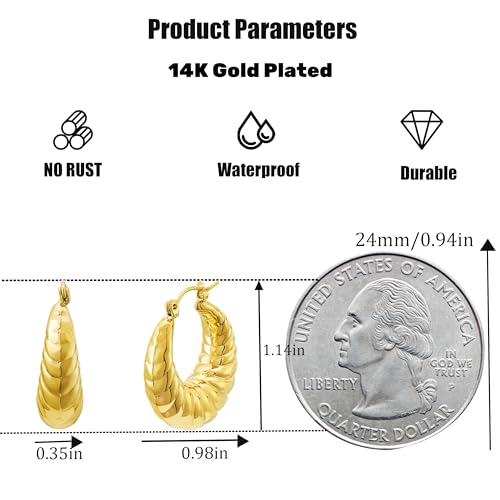 Gold Hoop Earrings for Women No Tarnish - Dainty Gold Earrings Trendy 14K Gold Plated Hypoallergenic Chunky Twisted Hoops Earring for Women Fashion Jewelry Gift