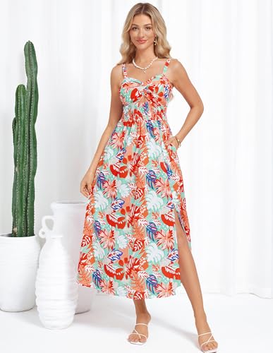 GRACE KARIN 2025 Women's Summer Spaghetti Strap Maxi Dress Smocked Floral Dress Sleeveless Boho Beach Sundress with Pockets2