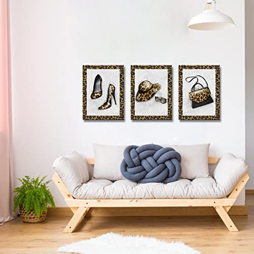 Tiuauit 3 Pieces Fashion Leopard Print Canvas Wall Art High Heels Bag Sunglass Prints On Grey Background Chic Gift For Girl Woman Framed Easy To Hang 12"X16"X3Pcs #TOP3