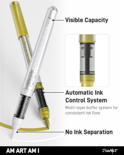 Image of JusArt 3 Gold Acrylic Paint Markers Brush Tip, Water-Based Metallic Markers with Automatic Ink Control, Waterproof Acrylic Paint Pens for DIY Art & Crafts -Fabric, Wood, Rock, Ceramic, Pumpkin