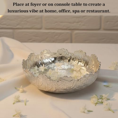 Image of Handcrafted German Silver Urli Bowl | 5.5 Inch Decorative Floating Flower Bowl | Embossed Floral & Grape Vine Design | Home Decor, Pooja, Serving