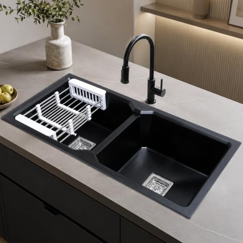 Ruhe® Matte Black Quartz Double Bowl Kitchen Sink - 37x18x9 inches | Durable & Scratch-Resistant Kitchen Sink | Granite Sink with Couplings, Waste Pip