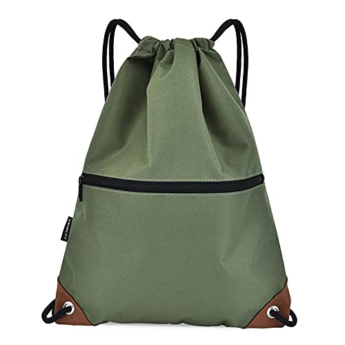 CINY Bolsas con Cordón, Bolsas De Gimnasio, Mochila Deportiva Con Cordón Para Hombres y Mujeres Con Cremallera, Bolsa Impermeable Con Cordón Para Deportes, Playa, Natación, Senderismo, Viajes (verde)