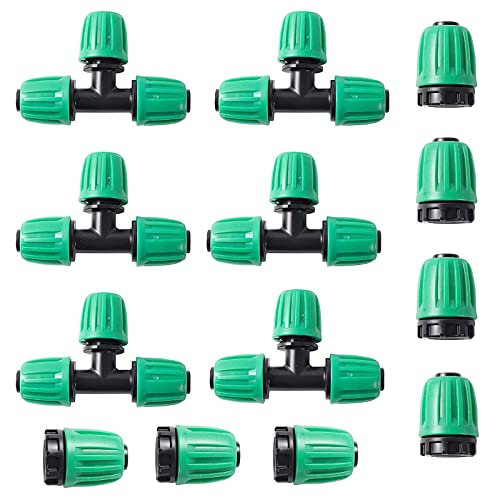 Tesmotor Conectores de T Invertida y Tuercas bloqueadas para Manguera de jardín, 6 Piezas de T Invertida de 1/2 Pulgada y 6 Piezas de Conectores de Tuercas bloqueadas (tapón)