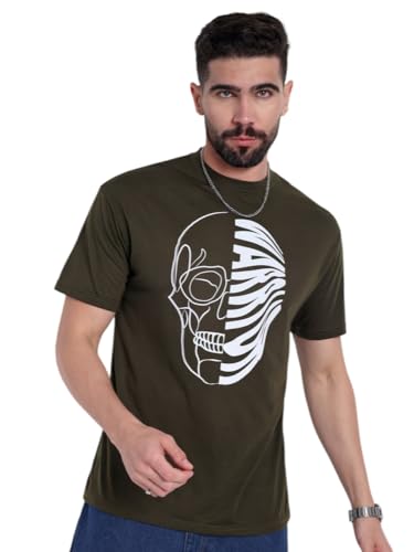 Image of Go Devil Men's Green 100% Polyester Printed T-Shirt | Half Sleeve, Regular Fit Casual Wear for Men