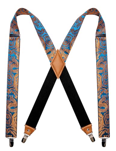 Image of Barry.Wang Men Suspender Set with Necktie Elastic Y Type Heavy Duty 6 Clips Braces Tie Handkerchief Cufflink Pin 6PCS