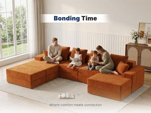 Image of Living&Giving 128 inch U-Shaped Cloud Sectional Couch for Living Room, Cloud Boneless Couch-No Assembly with Reversible Chaise, Customizable 4-Seat Modular Sectional Sofa with 3 Ottoman, Orange