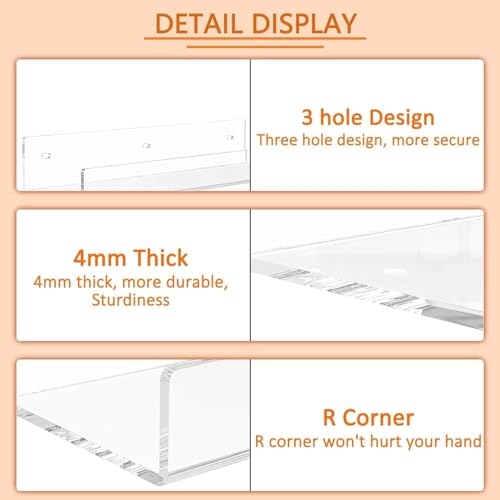 Image of Acrylic Floating Wall Shelves, 15 x 4 x 2.5 in, Clear, Set of 2, Modern Wall Mount Display Shelf (Clear, 12 in, 2)