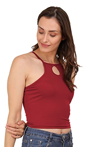 Image of A1586 Women's Lycra Notch Neck Stretchy Casual Solid Sleeveless Crop Top