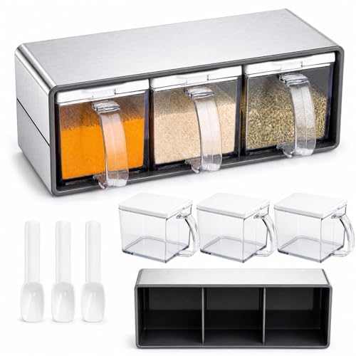 ZENFUN 3 Grids Seasoning Organizer Box, Stainless Steel Salt Container