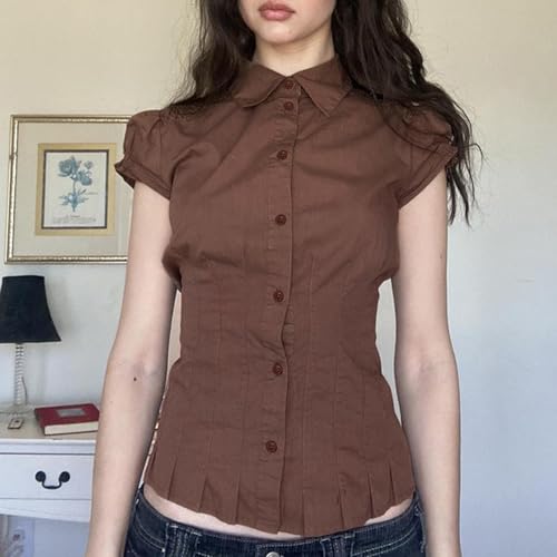 Image of Y2k Girls Vintage Coquette Button Down Shirt Women Short Sleeve V-Neck Slim Fitted T-Shirt Cute Blouse Crop Top