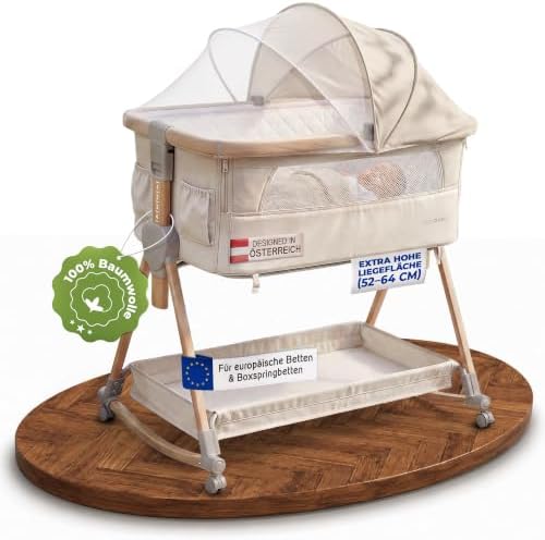 mimi kalu® Beistellbett Baby mit Rollen für Boxspringbett & europäische Standardbetten – 4-in-1 Baby Bett, Stubenwagen, Reisebett & Babywiege – [höhenverstellbar] – ...