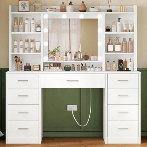 TEENFON Grande Tocador de Maquillaje con Espejo, Luces LED 3 Colores y Brillo Ajustable, Mesa de Maquillaje con Enchufes, 9 Cajones y 6 Estantes Abiertos, Tocador Moderno para Dormitorio Blanco