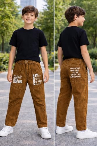 Image of Boys Cargo Pants, Kids Cargo Jeans with Pockets, Adjustable Waist, Stretch Denim Casual Pants for Boys