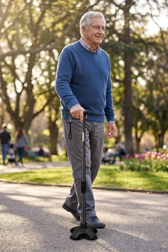 Image of Amazon Brand - Solimo Premium Walking Stick with Self Standing Base | Adjustable Height Lightweight | Ergonomic Grip Walking Cane for Men & Women | Leg Support for Elderly, Patients & Disabled