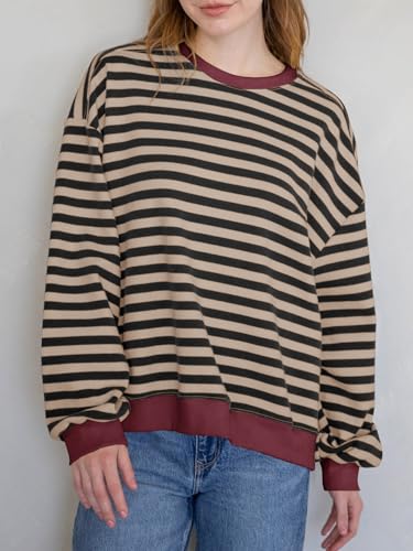 Tankaneo Womens Oversized Color Block Sweatshirts Striped Crew Neck Fall Tops Loose Fit Long Sleeve Pullover Shirts4