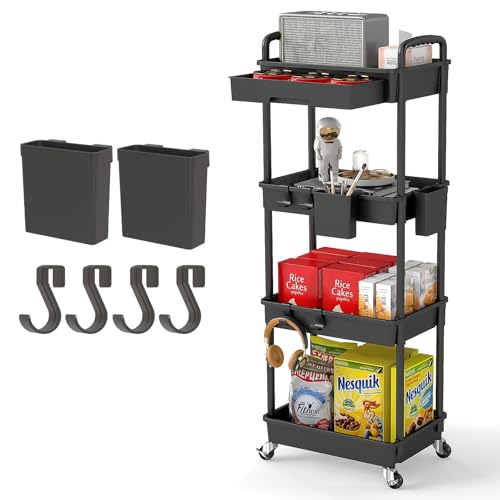 Image of 4 Tier Rolling Utility Cart with Drawer,REBECAT Utility Cart Made of Multifunctional Storage Organizer Tool for Kitchen,Bathroom,Living Room,Office(Black)