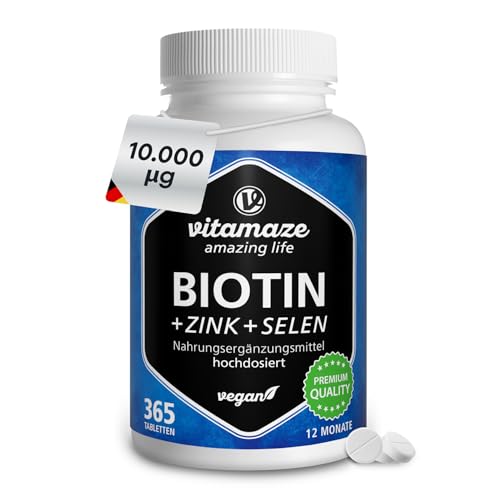 Vitamaze Biotin hochdosiert 10.000 mcg + Selen + Zink für Haare, Haut & Nägel, 365 vegane Tabletten für 1 Jahr, D-Biotin, Nahrungsergänzung ohne Zusatzstoffe, Made in Germany