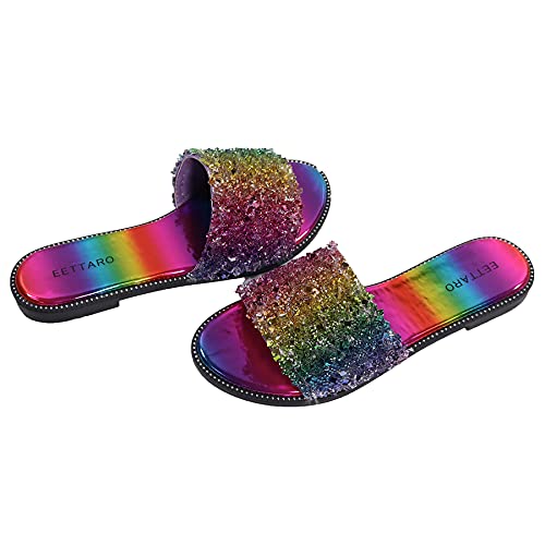 Eettaro Women's Glitter Shiny Slide Sandals Sparkle Fancy Flat Slippers Slip-On Jeweled Shoes(Multicolor, Numeric_6) #TOP7