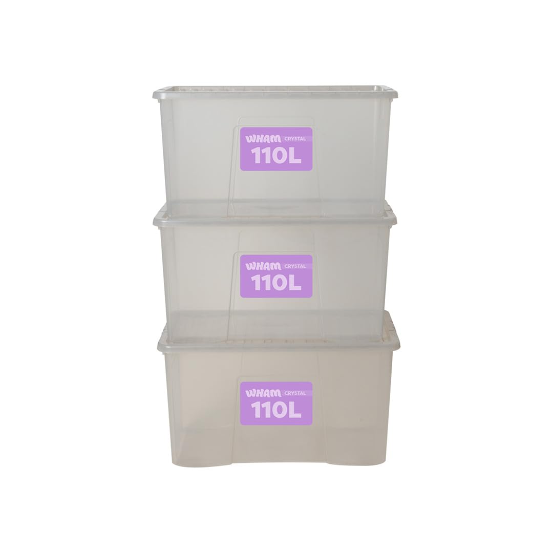 Wham Tint Grey Crystal Plastic Storage Boxes With Lids Home Office Stackable Nestable Container Box, 110L Easy Fit Underbed Protective Storage Box, 79.5 X 39.5 X 42 Cm - (Set Of 3)
