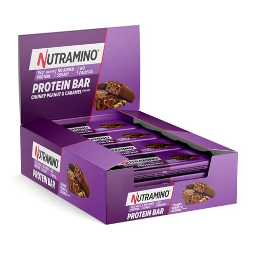 Nutramino - Lata De Barrita De Proteínas (12x55g) - Barritas de proteínas - Caja de 12 barritas de proteínas - Chocolate Caramelo Cacahuete