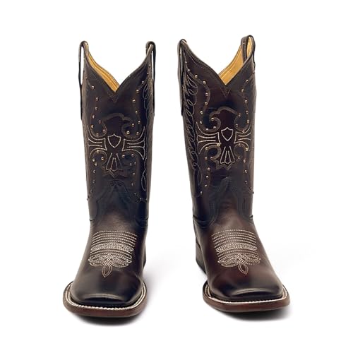 Women's Square Toe Western Leather Boots Midcalf Cowboy Boots4