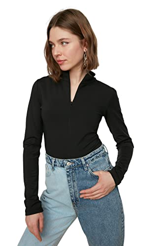 Trendyol Damska damska dopasowana obcisła koszulka z golfem z dzianiny, czarna, XS, Czarny, XS