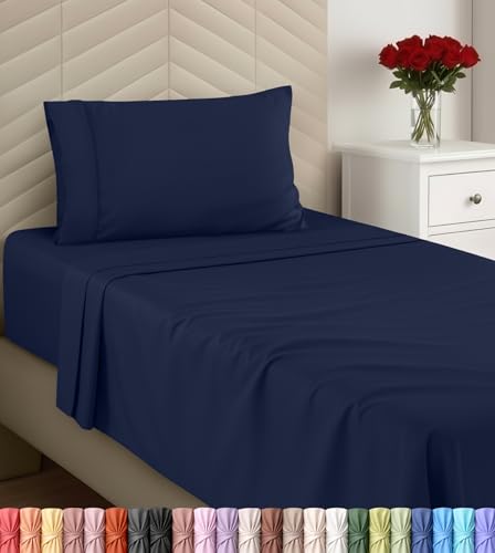Image of Utopia Bedding Twin Sheet Set, Soft Microfiber 3 Piece Bed Sheets with 15 inch Deep Pocket - Easy Care Brushed Microfiber (Twin, Navy)