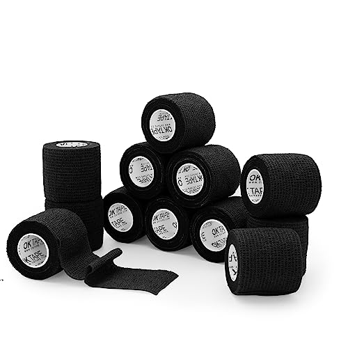 Image of OK TAPE Self Adherent Cohesive Bandages Wrap 12Packs 2 inch x 5 Yards | Non-Woven Self Adhesive Athletic Sports Wrap Tape Vet Wrap Bandages Tape for Thumb Finger Wrist Ankle (Black)