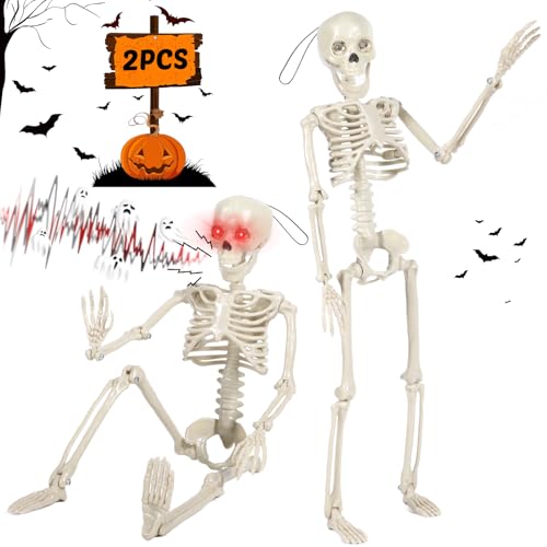 JEDWKFA 2 peças esqueleto de Halloween, 40 cm, esqueleto suspenso para Halloween, decoração de Halloween com articulações móveis, luminoso com som, para decoração de casa encantadora