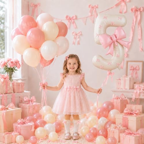 Image of 40 Inch Pink Beige Number 5 Balloon Tower with Bow 5th Birthday Decorations