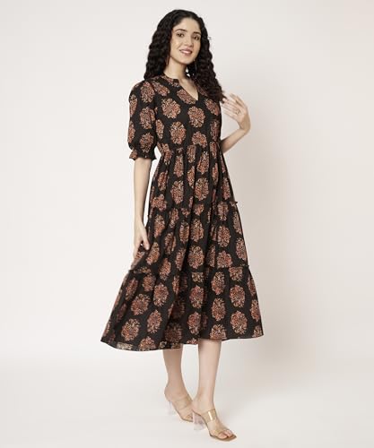 Image of PIDAVLIYA'S Women's Cotton Floral Printed Midi Dress | V-Neck Fit & Flare Dress with Puff Sleeves | Casual Summer Wear