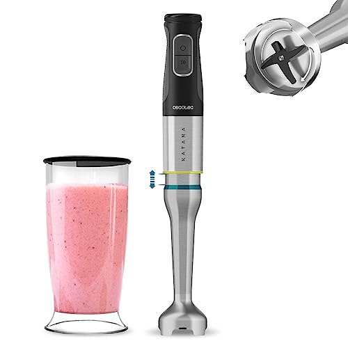 Cecotec Batidora de Mano Katana 12 Jar G. 1200 W potencia máxima, 21 velocidades y Turbo, 4 cuchillas de Titanio, Campana antisalpicaduras, Pie extralargo, Vaso Medidor 800 ml