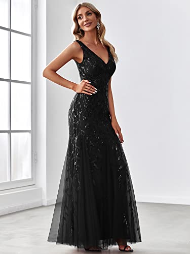 Ever-Pretty Women's Formal Dress Sequin Tulle Double V-Neck Sleeveless Mermaid Long Evening Dress 078863