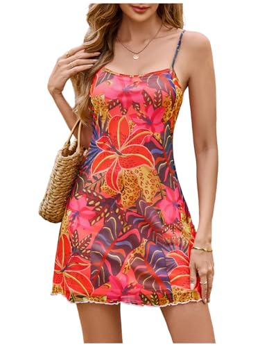 Image of Floerns Women's Summer Spaghetti Strap Cowl Neck Satin Mini Tropical Dress