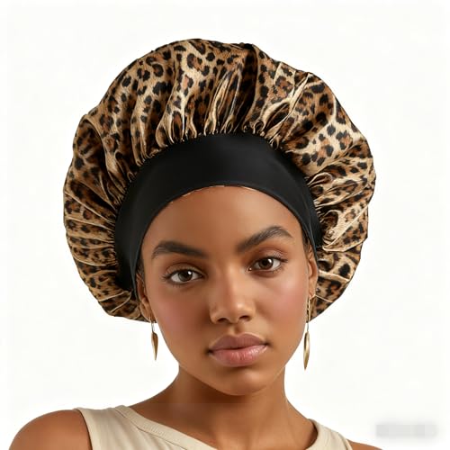 HU ZJKD Silk Bonnet for Men Women Hair Bonnet for Sleeping High Elasticity Wide Soft Band Sleep Cap for Curly Hair Braids (Leopard Print)