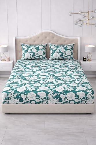 Image of 300 TC Cotton Feel Glace Cotton Elastic Fitted Bedsheet for King Size Double Bed | Fits up to 8 Inch Mattress | Printed Bedsheet with 2 Pillow Covers (Flower, King Size - 72 inchx78 inch)