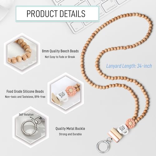 Image of Teacher Lanyard Lanyards for ID Badges Keys Women Wood Silicone Beaded Lanyard with ID Holder Work Jewelry