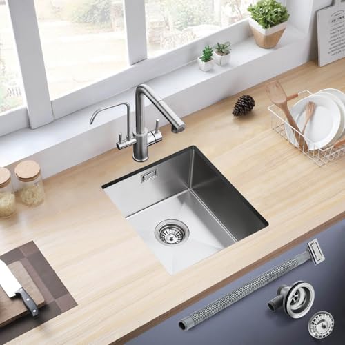 ROVOGO 45 x 40 cm Evier Cuisine en 304 Acier Inox, Kit de Vidage d'évier de Cuisine avec Trop-plein, Évier de cuisine encastré, Lavabo Cuisine 1 Bac Brossée