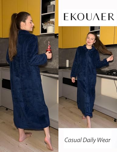 Image of Ekouaer Women Zipper Robe Fleece Long Sleeves Bathrobe Sleepwear Warm Soft Housecoat with Pockets Zip Up House Dresses