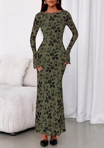 PRETTYGARDEN Women's Floral Bodycon Maxi Dress 2025 Fall Elegant Mesh Long Sleeve Formal Wedding Guest Cocktail Dresses3