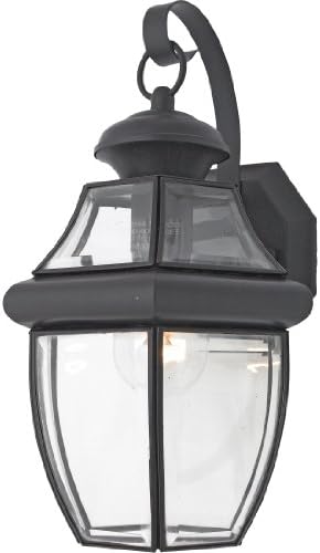 Quoizel Newbury Outdoor Wall Lantern, 14 Inch 1-Light Mystic Black Wall Sconce, French Country Exterior Wall Lantern Fixture, E26 Base, Clear Glass, Outside Lights for Patio, Porch, Garage or Yard