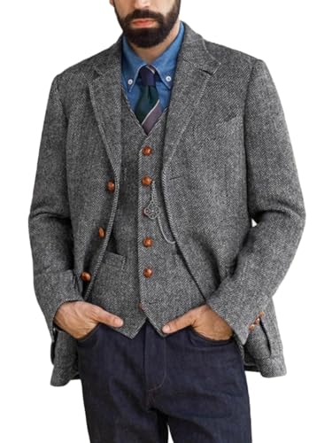 2 Pcs Men's Tweed Suit Herringbone Sports Jacket Vest Set Slim Wool Blend Vintage Groom Wedding Tuxedo Set Outfits