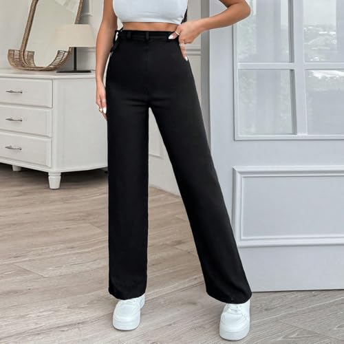Women's Solid Color Straight Pants with Custom Fabric Drawstring on Belt2