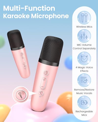 Image of YLL Upgraded Mini Karaoke Machine with 4 Wireless Microphones Toy for Kids, 2026 Top Birthday Gifts for Girls Boys, Portable MP3 Player for Ages 3, 4, 5, 6, 7, 8, 9, 10, 11, 12+ Year Old Party (P-Ink)